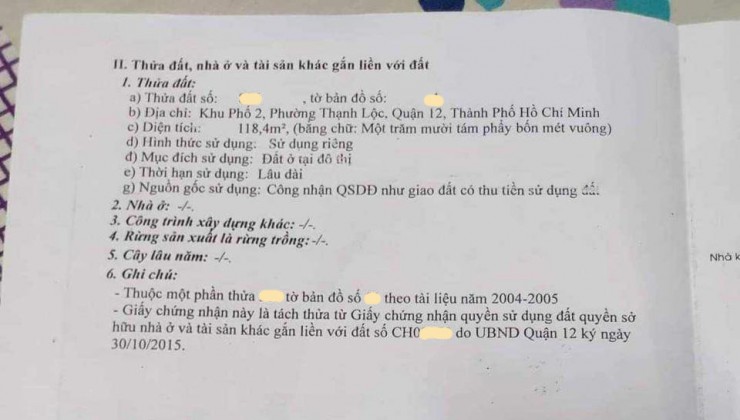 Bán đất Hà Huy Giáp Q. 12, 118m2, ngang lớn 8.5m nở  hậu, giảm giá còn 5.x tỷ